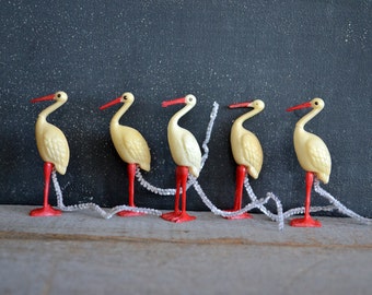 Set of Five Plastic Stork Favors | Vintage Baby Shower Decorations | Vintage Plastic Toy | Celluloid Toy | Stork Figure | Bird Collection