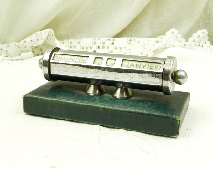 Vintage French Mid Century Green Leather and Chrome Perpetual Calendar / French Decor / French Mid Century / Retro Vintage Home Interior