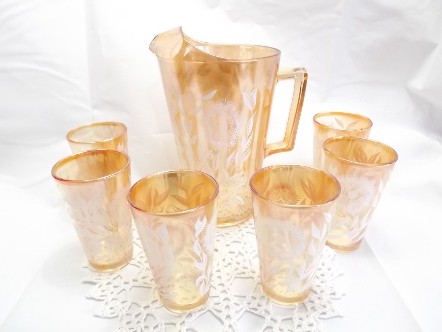 Peach Carnival Glass Pitcher Set Pitcher and 6 Drinking