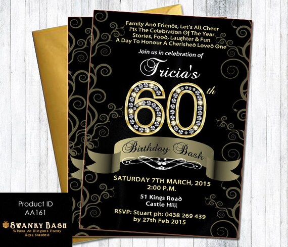 60th Birthday Bash Custom Invitation Black Satin and Gold