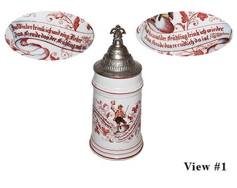Vintage German Porcelain Stein with Pewter Lid with Thumblift and Lithophane