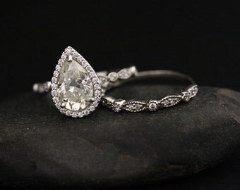 Brilliant Moissanite Engagement Ring with 1.50cts Pear 9x6mm Moissanite and Diamond Halo Milgrain Band in 14k White Gold Ring Set