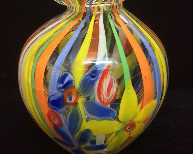 Blown Glass Vase Contemporary Home Decor Stripes and Flowers Housewarming Gift