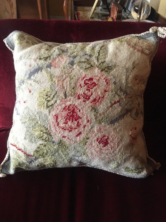 Country French Shabby Chic Needlepoint Floral Rose pillow