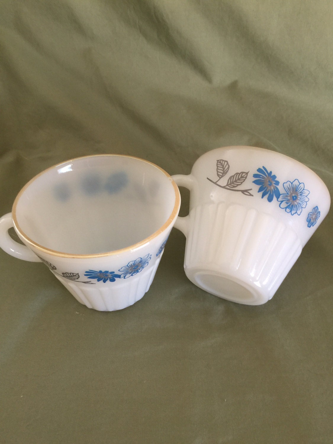 Vintage milk glass coffee cup set of 2 beautiful Blue floral