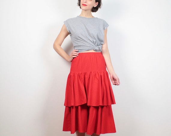 Vintage 80s Skirt Red Midi Skirt 1980s Ruffle Tiered Peplum
