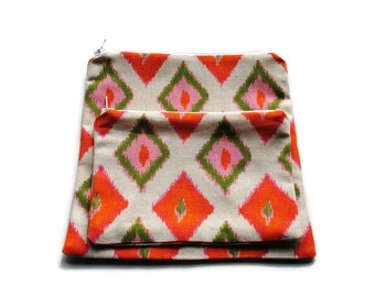 Reusable Zipper Snack Sandwich Bags set of 2 Orange Green Beige DiamondsCotton Twill