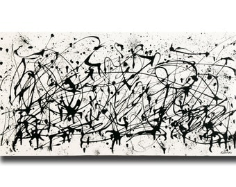Large contemporary black white Abstract painting 24"x48" acrylic on Gallery canvas "3016BW" by K. Davies