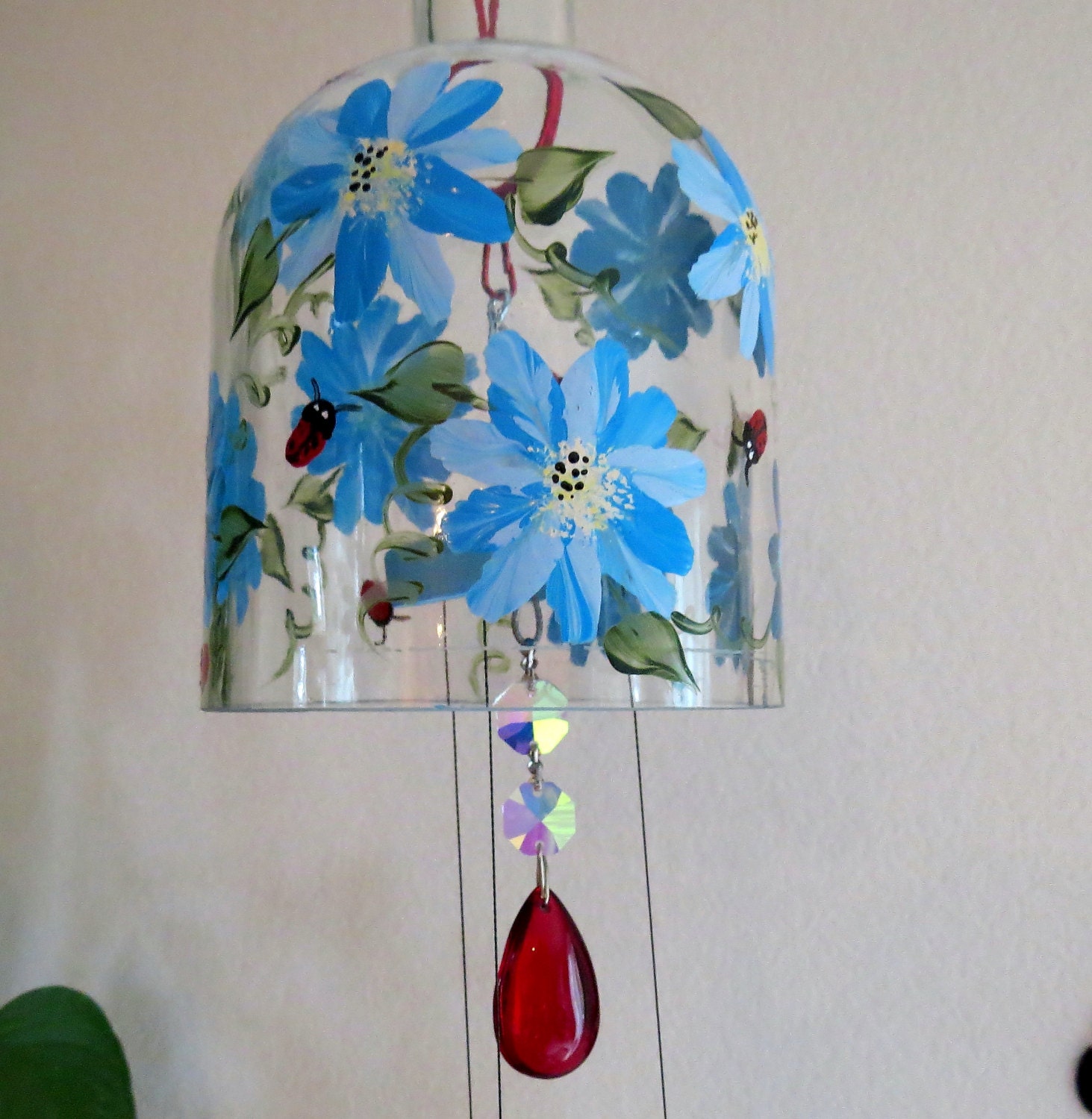 Large Vodka Bottle Wind Chime Yard Art Patio Decor Recycled Large Vodka Bottle Wind Chime Yard Art Patio Decor Recycled Blue Flowers Clear Glass Gift Idea Lady Bugs