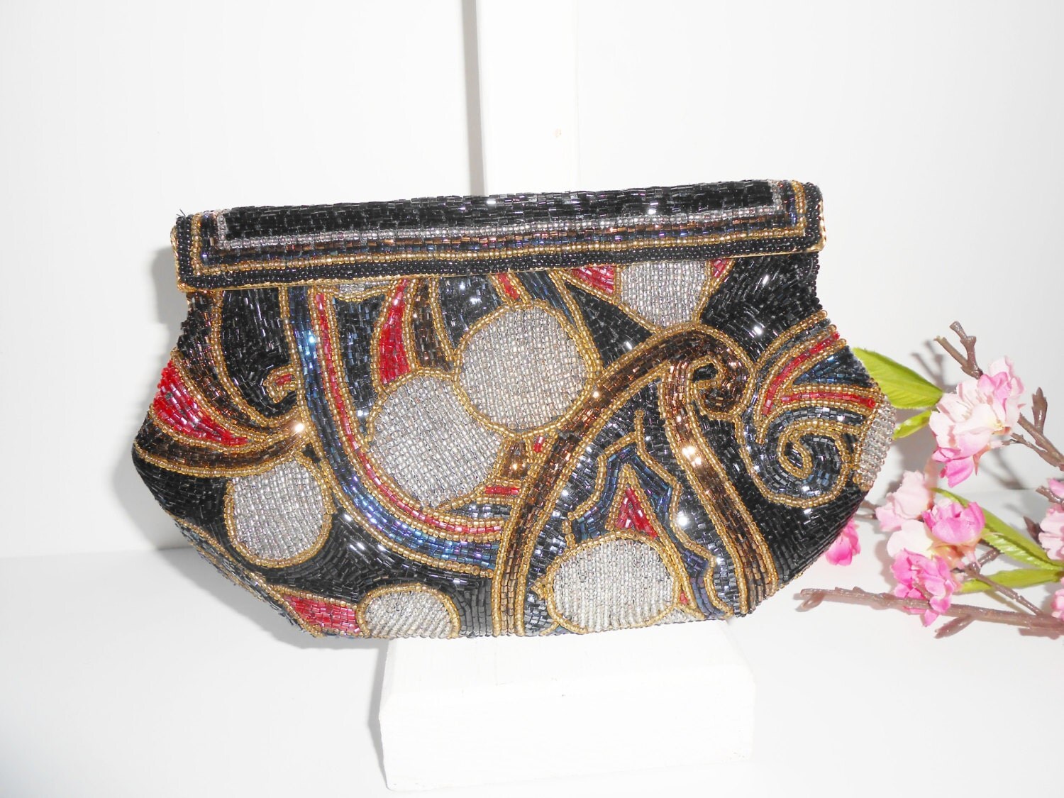 Beaded Evening Bag Vintage Black and Color Beaded Clutch