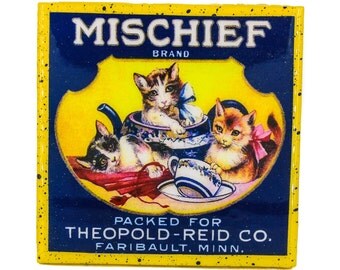 Handmade Coaster - Mischief Cats - Vintage Advertising - Handmade Recycled Tile Coaster