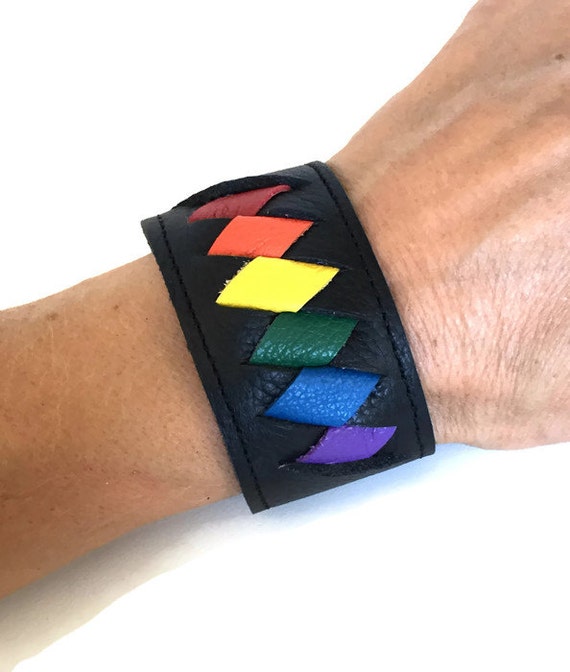 Leather rainbow bracelet cuff flag lgbt by ChristyKeysCreations