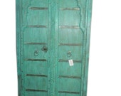 Indian Armoire Hand Carved Distressed Teal Green Teak Rustic Cabinet Furniture