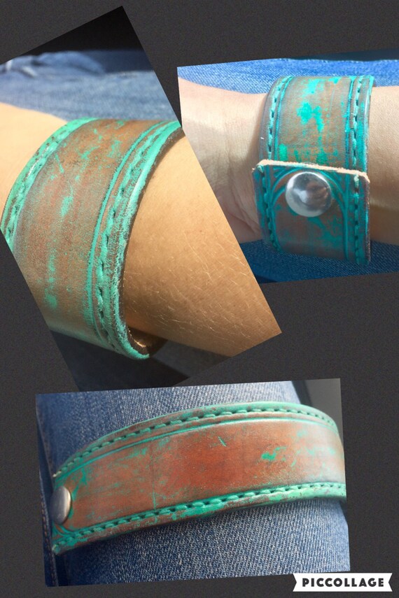 Painted leather cuff. Made from a vintage tooled leather belt