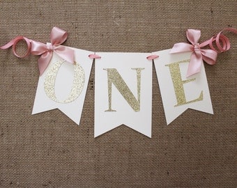 Blush Pink, Ivory and Gold High Chair Birthday Banner