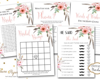INSTANT DOWNLOAD - Boho Arrow Pink Floral BRIDAL Games Package - Printable Boho Bridal Shower Games - Boho Floral Game Pack - 0195