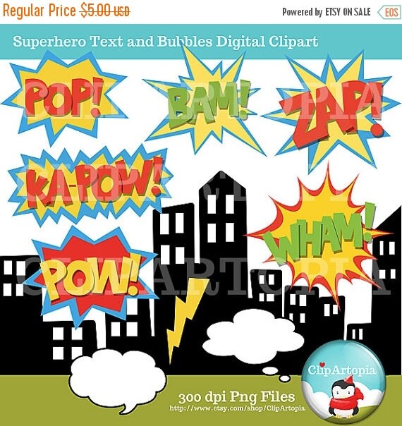 50% OFF SALE Superhero Text and Bubbles clipart comic book, Personal and Commercial Use / INSTANT Download Il_570xn