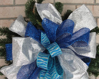 Christmas Treetop Bow Silver Blue Wreath Door Turquoise Designer Ribbon Handcrafted Florist Made
