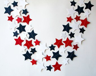 Star garland, 4th of July garland, 4th of July decor, Red white blue, Paper garland, Patriotic decor, 4th of July banner, KES-7005