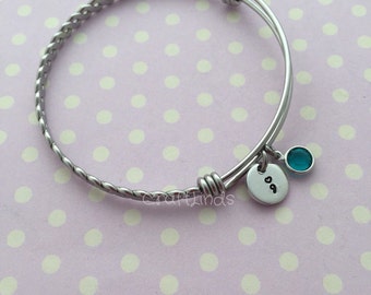 Twist bangle, bracelet, Hand Stamped heart semi colon charm, semicolon, Stainless Steel Expandable, Personalised, birthstone, birthmonth