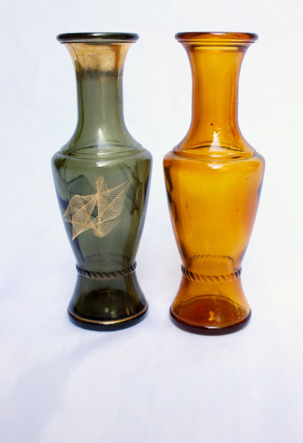 Pair of Vintage Colored Amber and GreenGold Glass Bud Vases/