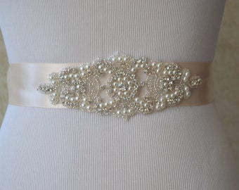 SALE - Wedding Belt, Bridal Belt, Sash Belt, Crystal Rhinestone, Blush Satin Sash