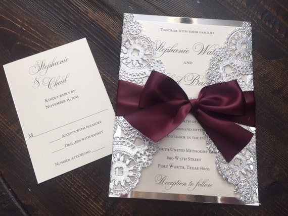 wording sample wedding of Invitation Wedding SAMPLE with Suite Doilies Ribbon Metallic