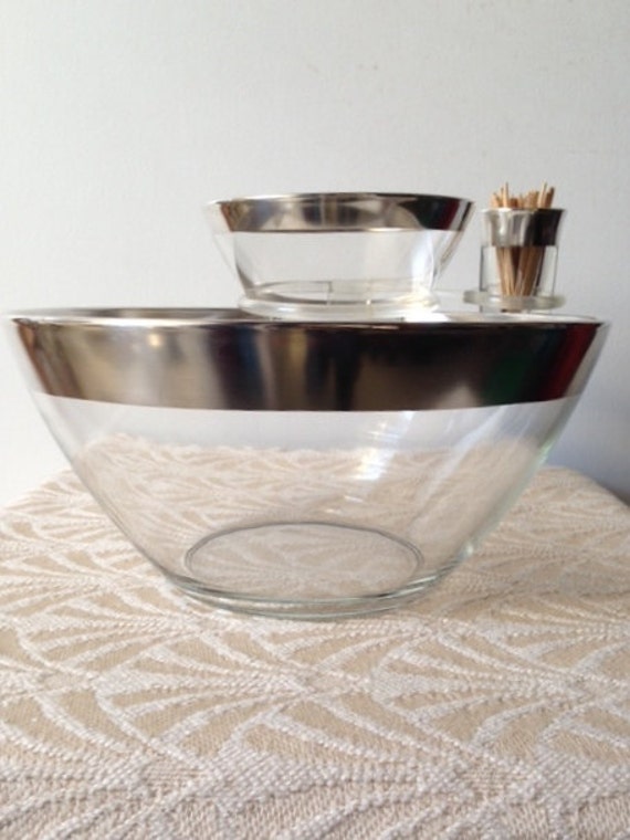 Sterling Silver Rimmed Glass Serving Bowl Midcentury Modern