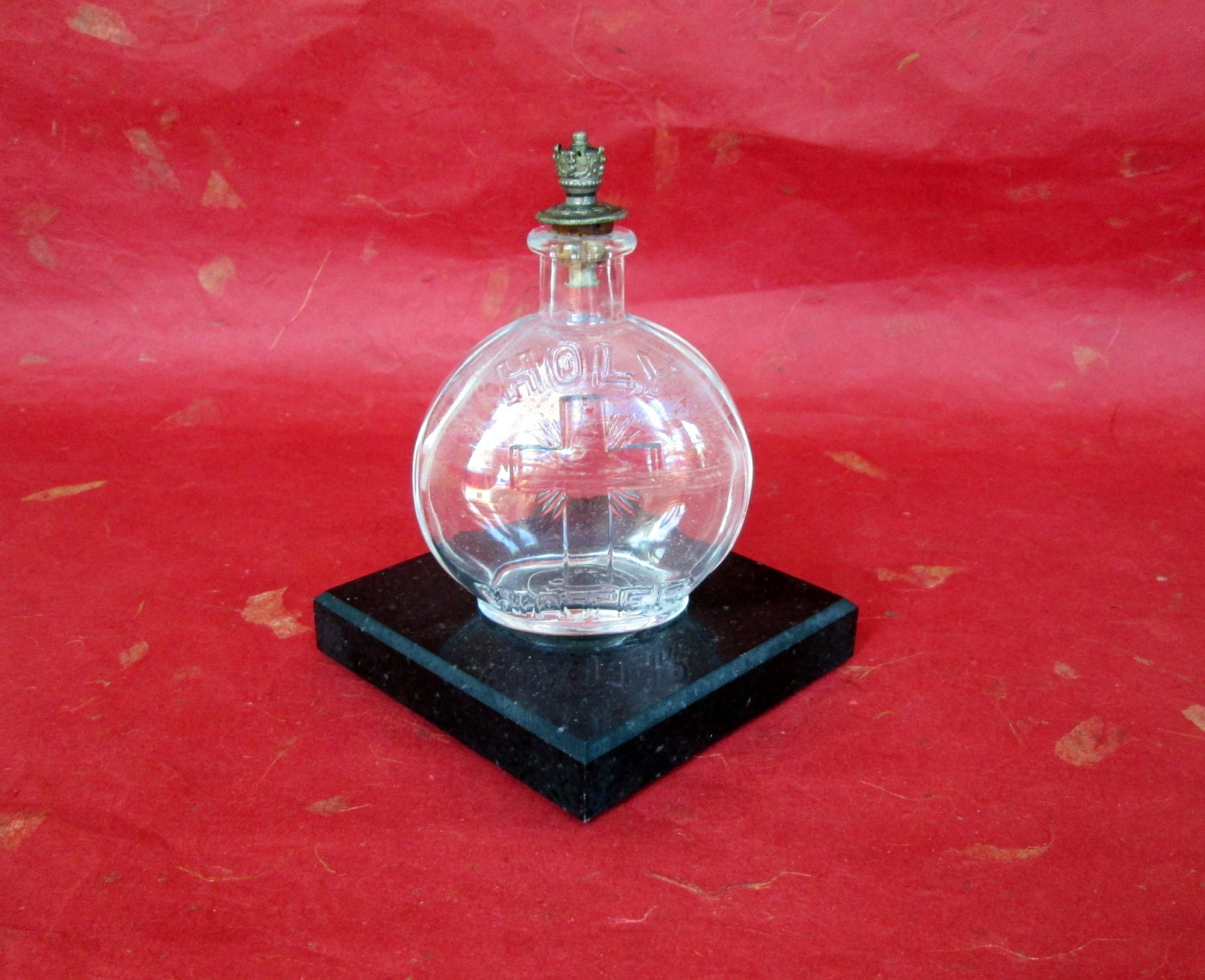 Antique Glass Holy Water Bottle with Decorative Crown Cork