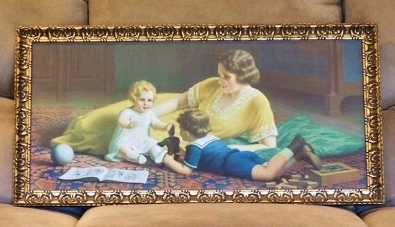 1920s Art Deco Chromolithograph Francois Laubnitz 30" Lithograph Print Gold Gilt Wooden Frame Nursery Babys Room Mother Child Home Decor Art