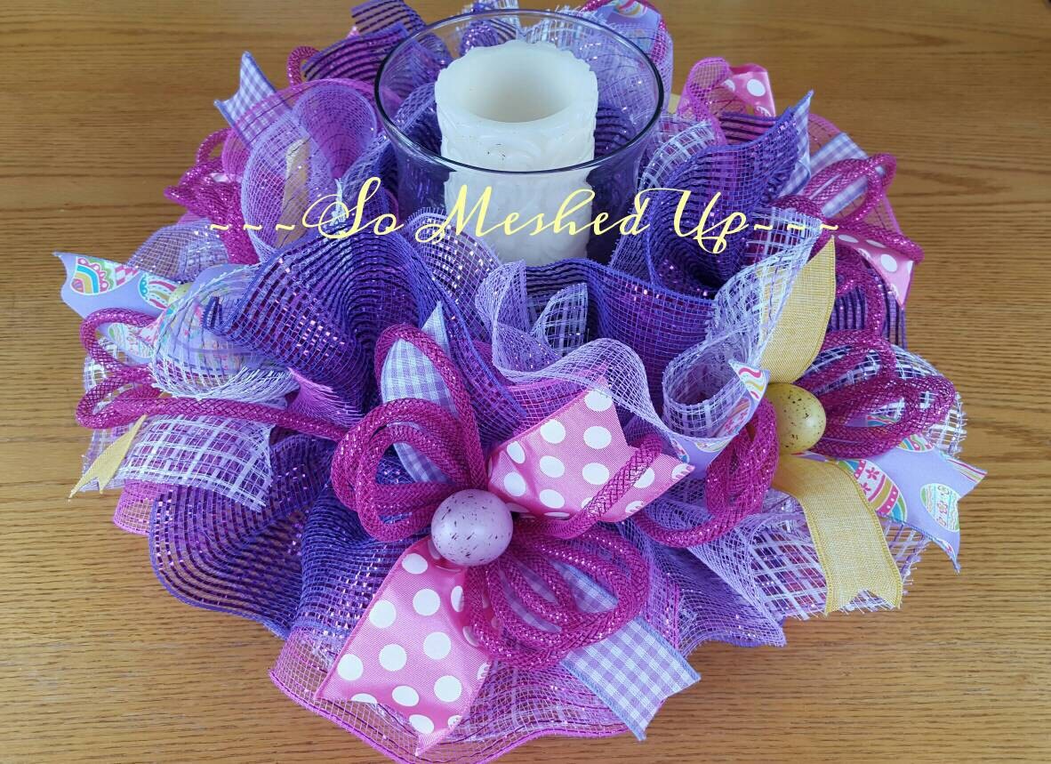 Pastel Deco Mesh Easter Spring centerpiece/candle ring in