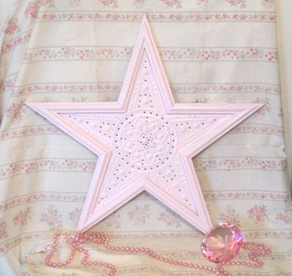 Lg Shabby Pale Pink Wood & Punched Tin Star Wall Decor Ornate