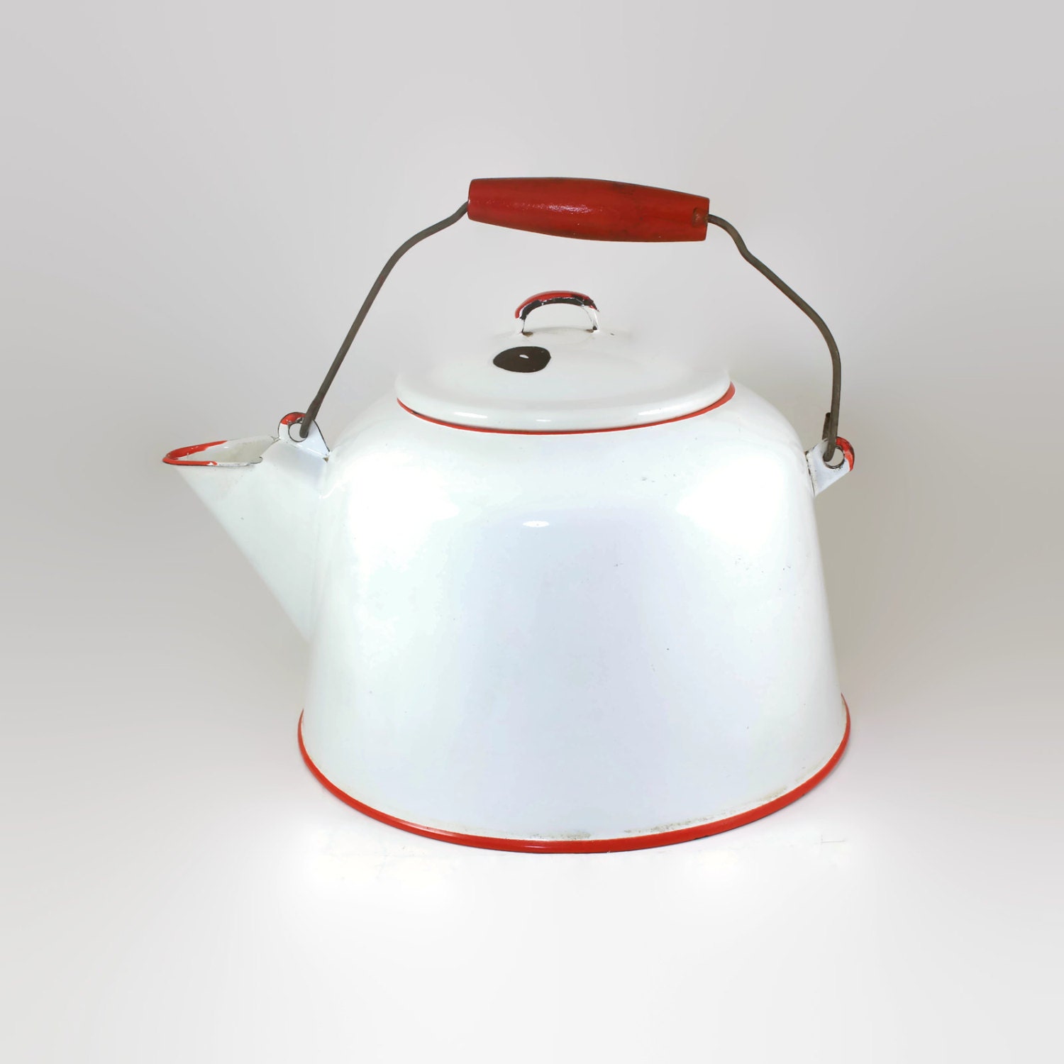 Vintage Red & White Enamel Tea Kettle Farmhouse Decor