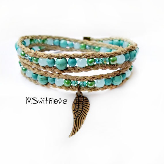 Angel wing bracelet Hemp cord wrap bracelet by MSwithlove on Etsy