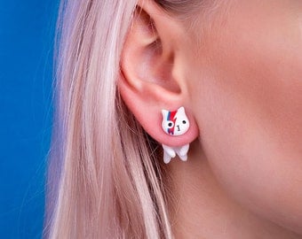 David Bowie Cat Earring | Red or Blue stud | Handmade & Handpainted | Magic Collection