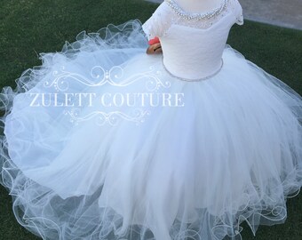 Flower Girl Dress - Lace Dress - Big Bow Dress -Wedding Dres- Girls Lace Dress - Karoliny Dress by Zulett Couture