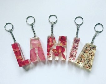 PINK Initial Pressed Flower Resin Letter Keyrings / Keychains / Party Favours / Wedding Favours