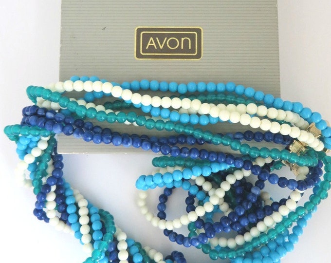 Avon Multistrand Necklace, Vintage Seed Bead Necklace, Blue Green White Beaded Choker