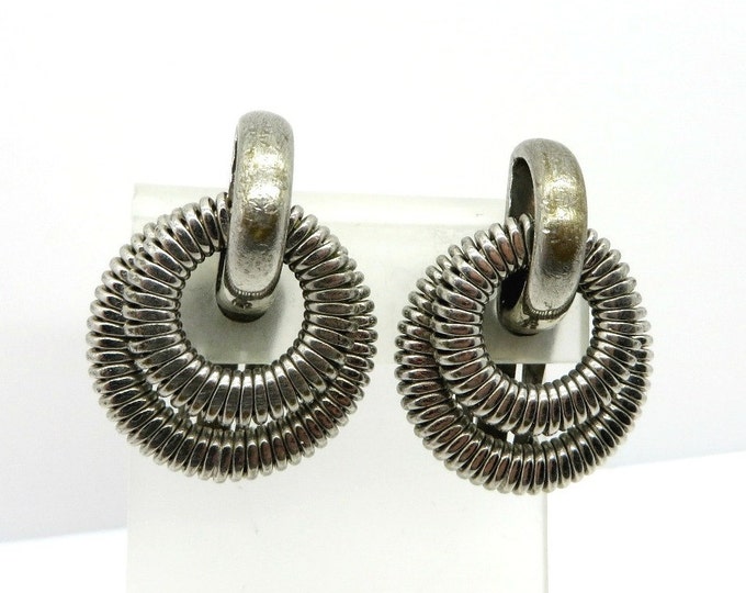 Vintage Bergere Hoop Earrings, Silver Tone Ridged Double Hoop Clip-on Earrings, Signed Designer Jewelry