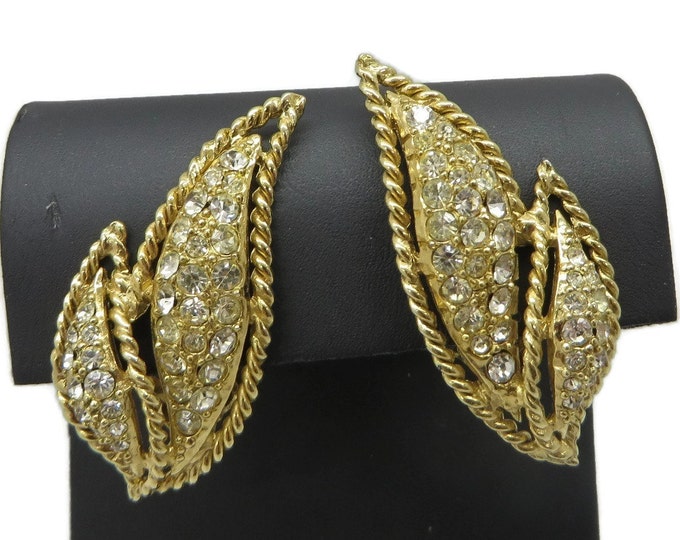Hattie Carnegie Vintage Rhinestone Earrings, Large Braided Leaf Clip-ons, Bridal Jewelry
