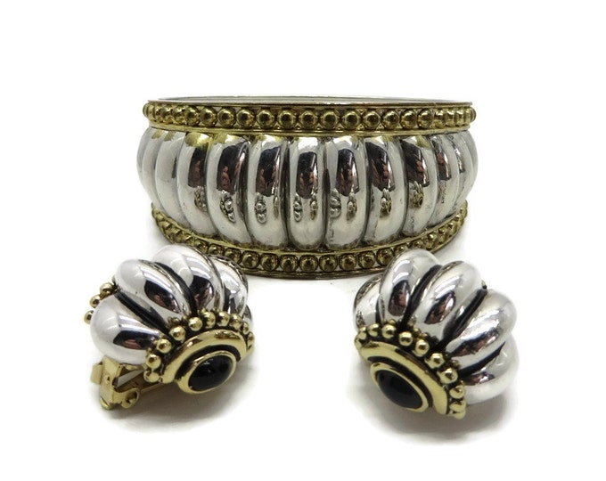 Chunky Bracelet Earrings, Two Tone Clamper Bracelet, Clip on Earrings, Vintage Demi Parure