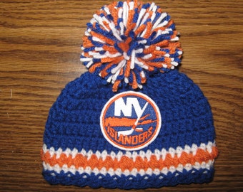 Crochet Beanie Baby Hat (New York Islanders) Embroidered Logo - Blue, Orange and White with embroidered Islanders logo and large pom pom