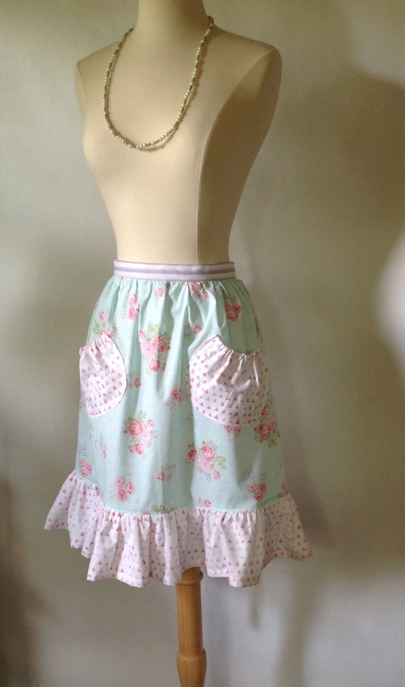 Half Apron English Roses Light Blue Pink Waist Apron