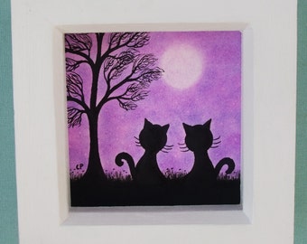 Cat Picture Framed, Original Cats Drawing Pink, Birthday Gift, Cat Tree Picture, Cat Art Gift, Cat Silhouette, Cats Moon Stars, Art Picture
