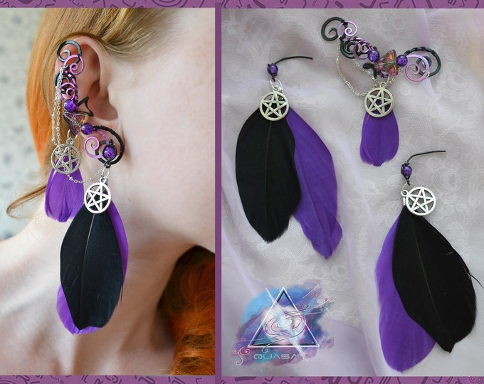Set "Magic night birds". Ear cuff, earrings with feathers, pentagram, purple, magic, nu goth, quasarshop