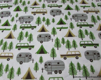 Flannel Fabric - Camping Trip on White - 1 yard - 100% Cotton Flannel