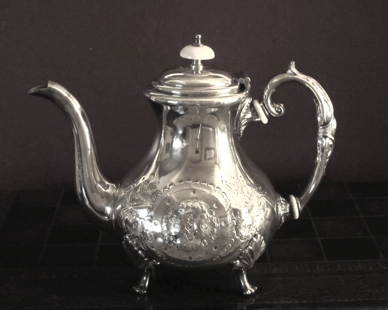 English Silver Hand Chased Silver Coffee Pot John Turton