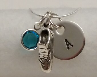 Track necklace, runner necklace with personalized initial and birthstone
