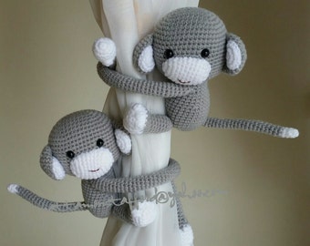 A pair of Light Gray Monkeys Curtain Tiebacks (Both side) MADE TO ORDER..