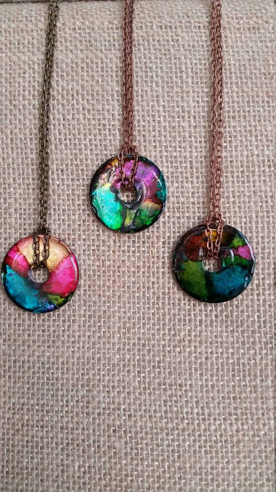 Alcohol Ink Washer Necklace Altered Art Pendant OOAK Mixed